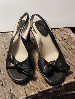 Oh ! Black Leather Knot Slingback Peep-Toe Mules